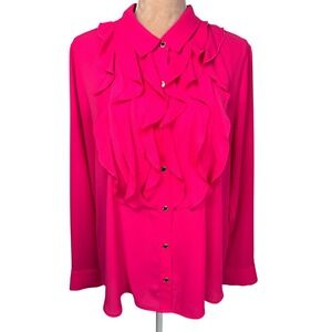 Karl Lagerfield Paris Top Womens XL Pink Ruffle Neck Gold Buttons Office Career‎